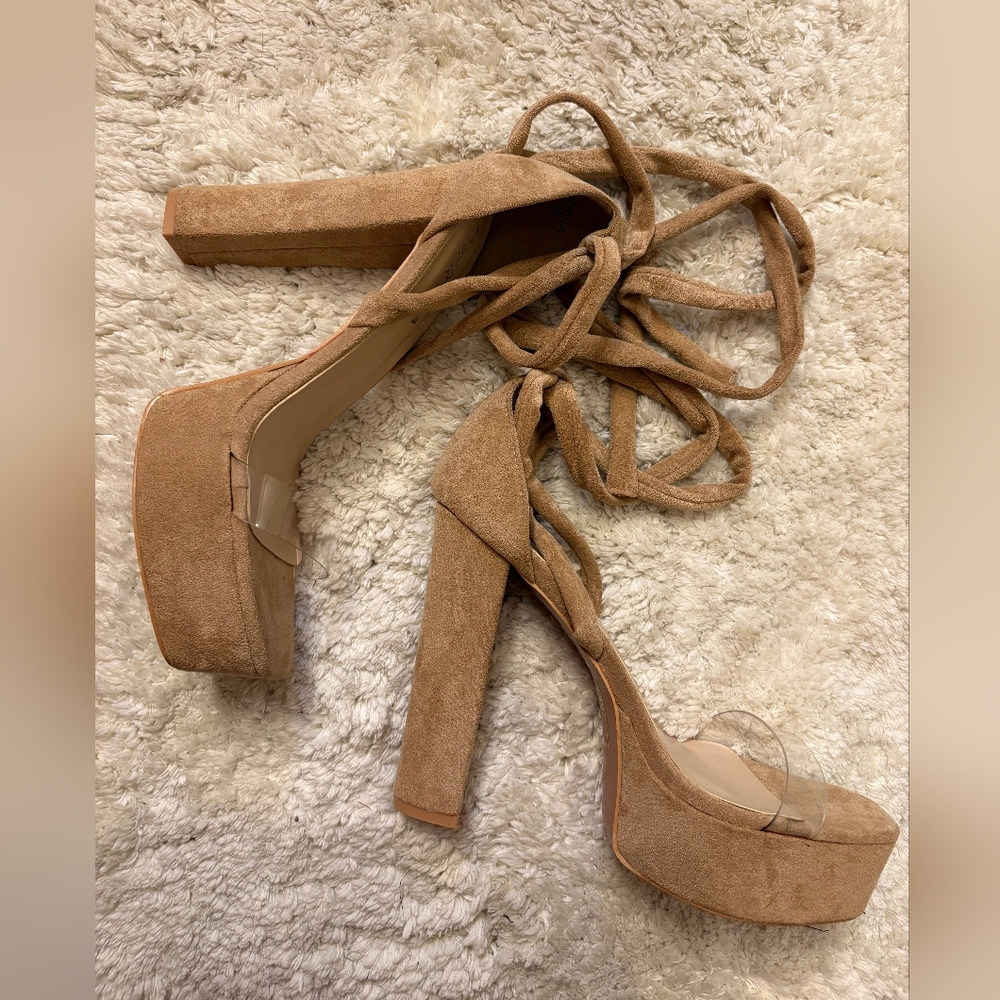 NWOB Fashion Nova Clear Strap, Zinia Lace Up Crisscross Platform Heels Size 11